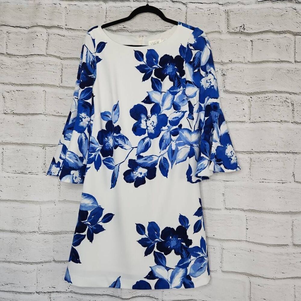 Eliza J Womens Blue White Floral Print 3/4 Length Bell Sleeve Shift Dress Size 8